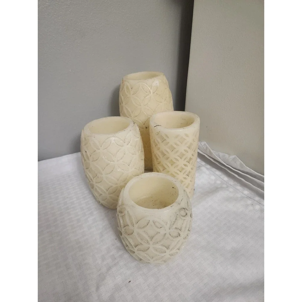 Set of 4 Flameless LED Pillar Candles Carved Wax Lattice Cream Untested